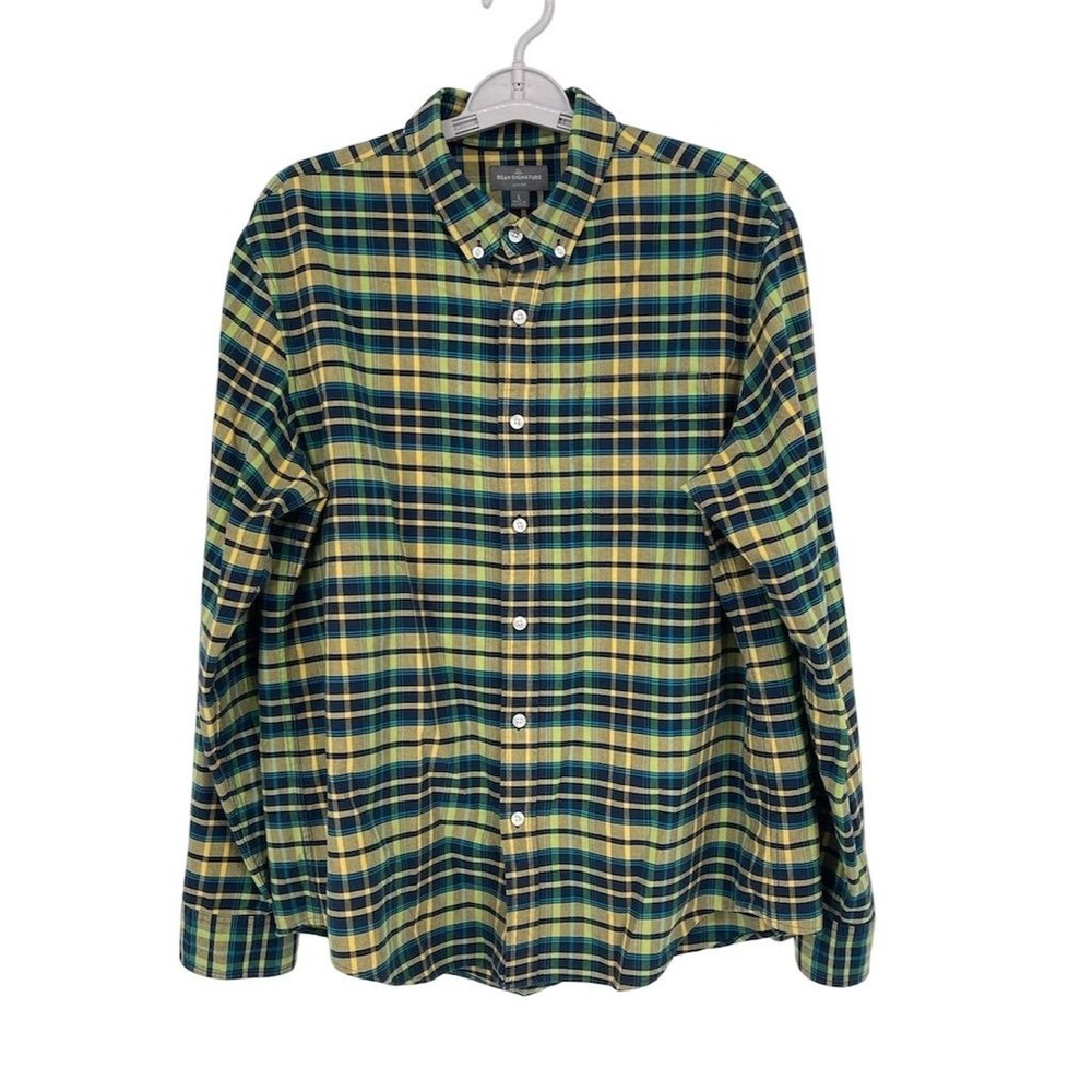 LL Bean Signature Men's Plaid Button-Down Shirt Size‎ L Yellow Multicolor